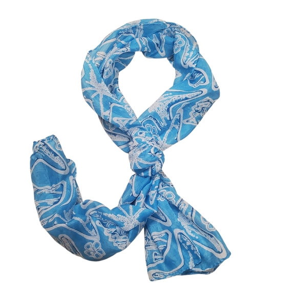 Coastal Blue and White Starfish Scarf. 56" x 13" - Picture 2 of 5